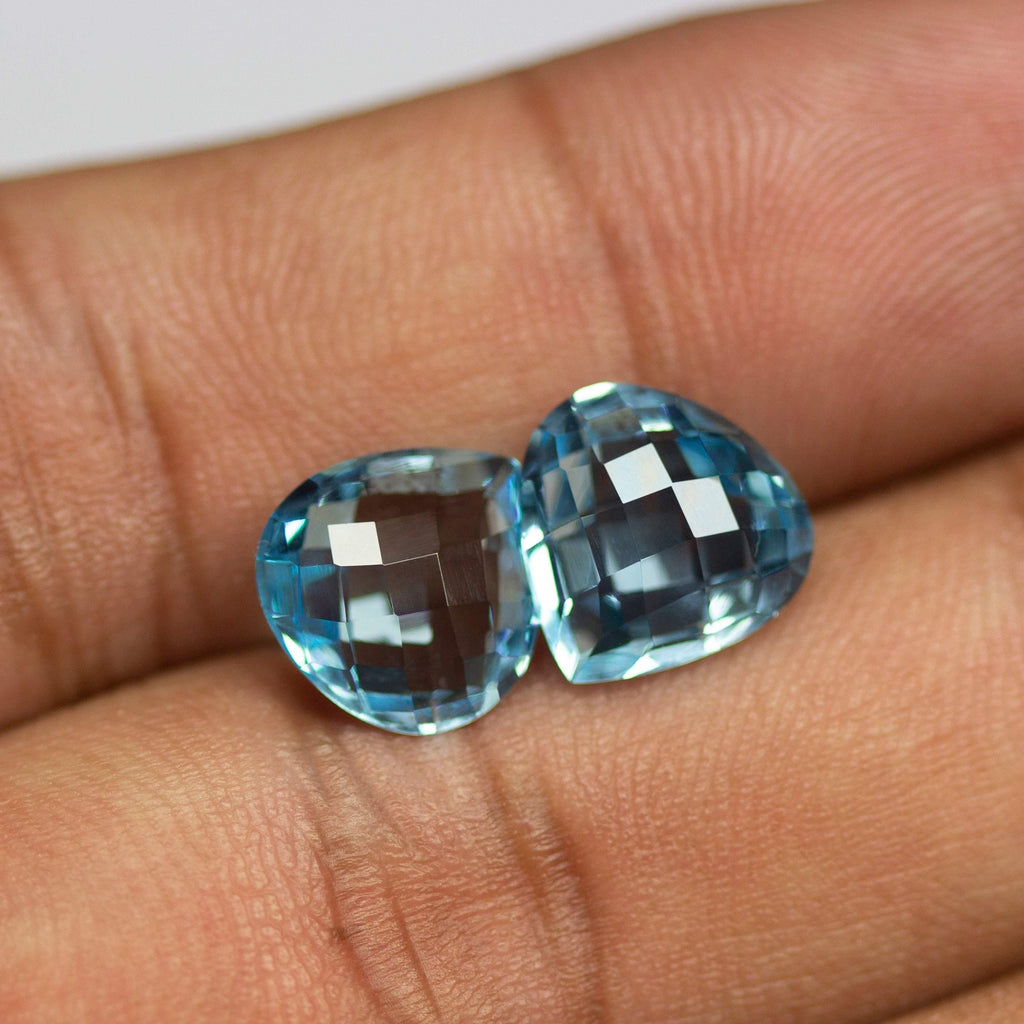 2 Pieces Eye Clean Quality Sky Blue Topaz Micro Faceted Heart Shape Briolettes 10mm - Jalvi & Co.