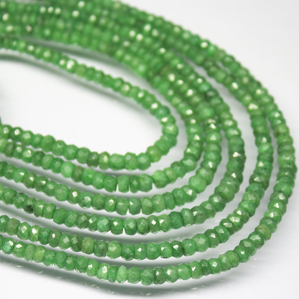 2 Strands 14 inch, 3-4mm, Natural Green Emerald Faceted Rondelle Shape Beads, Emerald Beads - Jalvi & Co.