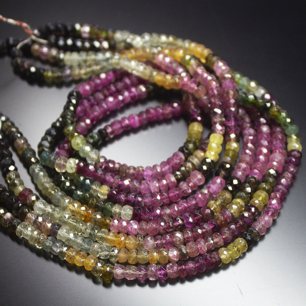 2 Strands 14 inches, 5mm, Natural Multi Tourmaline Faceted Rondelle Loose Gemstone Beads, Natural Tourmaline, Tourmaline Beads - Jalvi & Co.