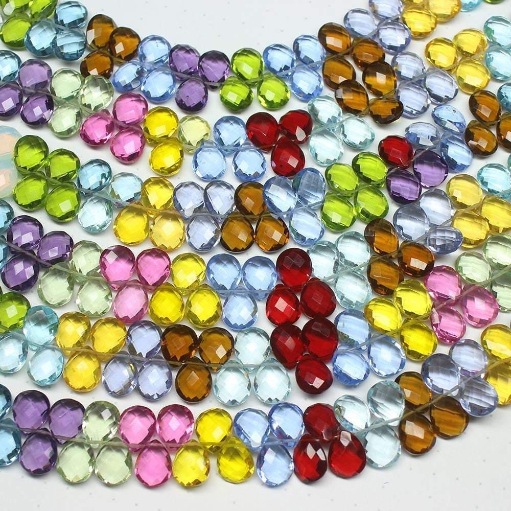 2 strands, Multi Color Quartz Faceted Pear Drop Briolette Loose Beads, 10mm, 7 inches - Jalvi & Co.