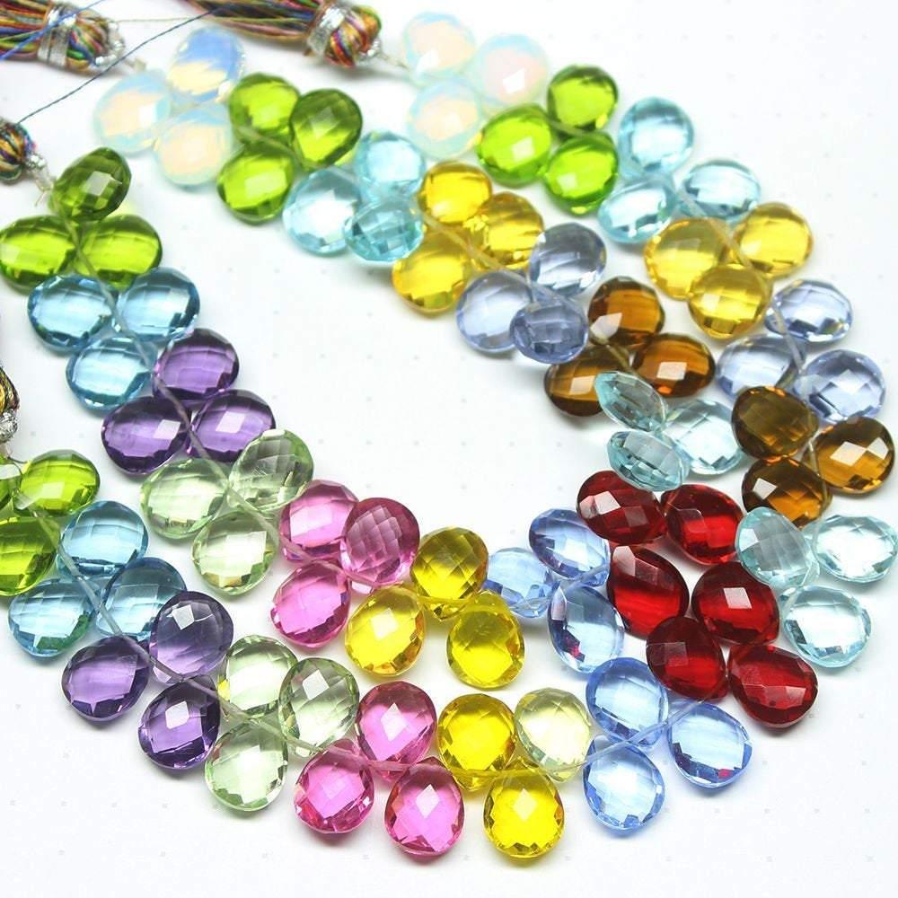 2 strands, Multi Color Quartz Faceted Pear Drop Briolette Loose Beads, 10mm, 7 inches - Jalvi & Co.