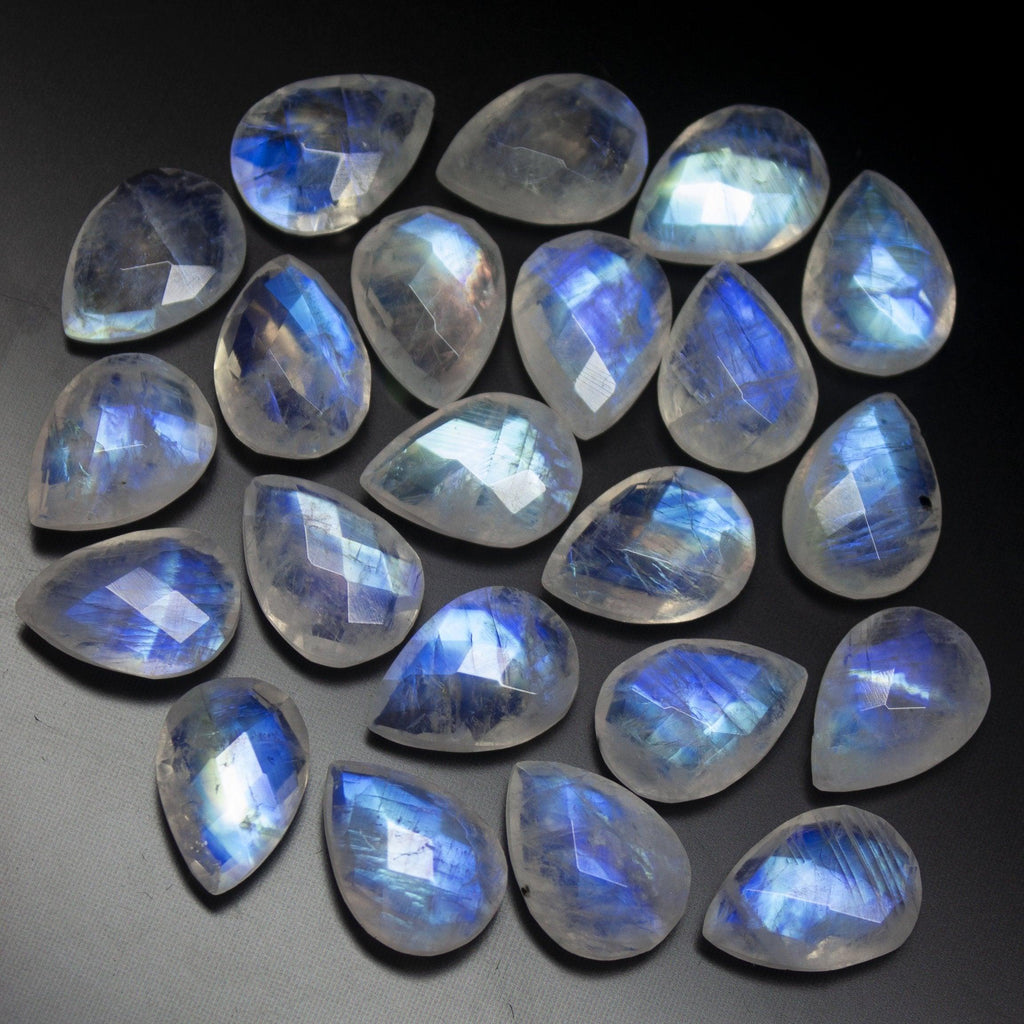 20 Beads, Finest Quality, 14mm Matched Pair, Faceted Pear Shape Briolettes Blue Flash Moonstone - Jalvi & Co.