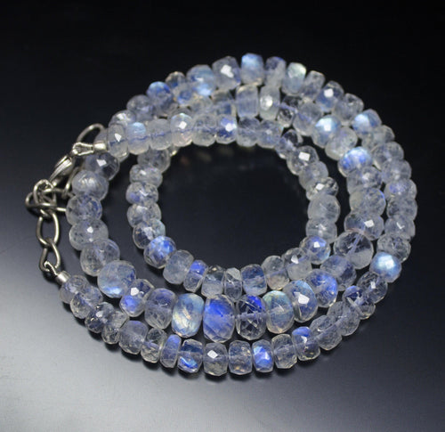 20 inches, 6-9mm, AAA Grade Blue Fire Moonstone Faceted Rondelle Sterling Silver Beaded Necklace - Jalvi & Co.