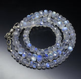 20 inches, 6-9mm, AAA Grade Blue Fire Moonstone Faceted Rondelle Sterling Silver Beaded Necklace