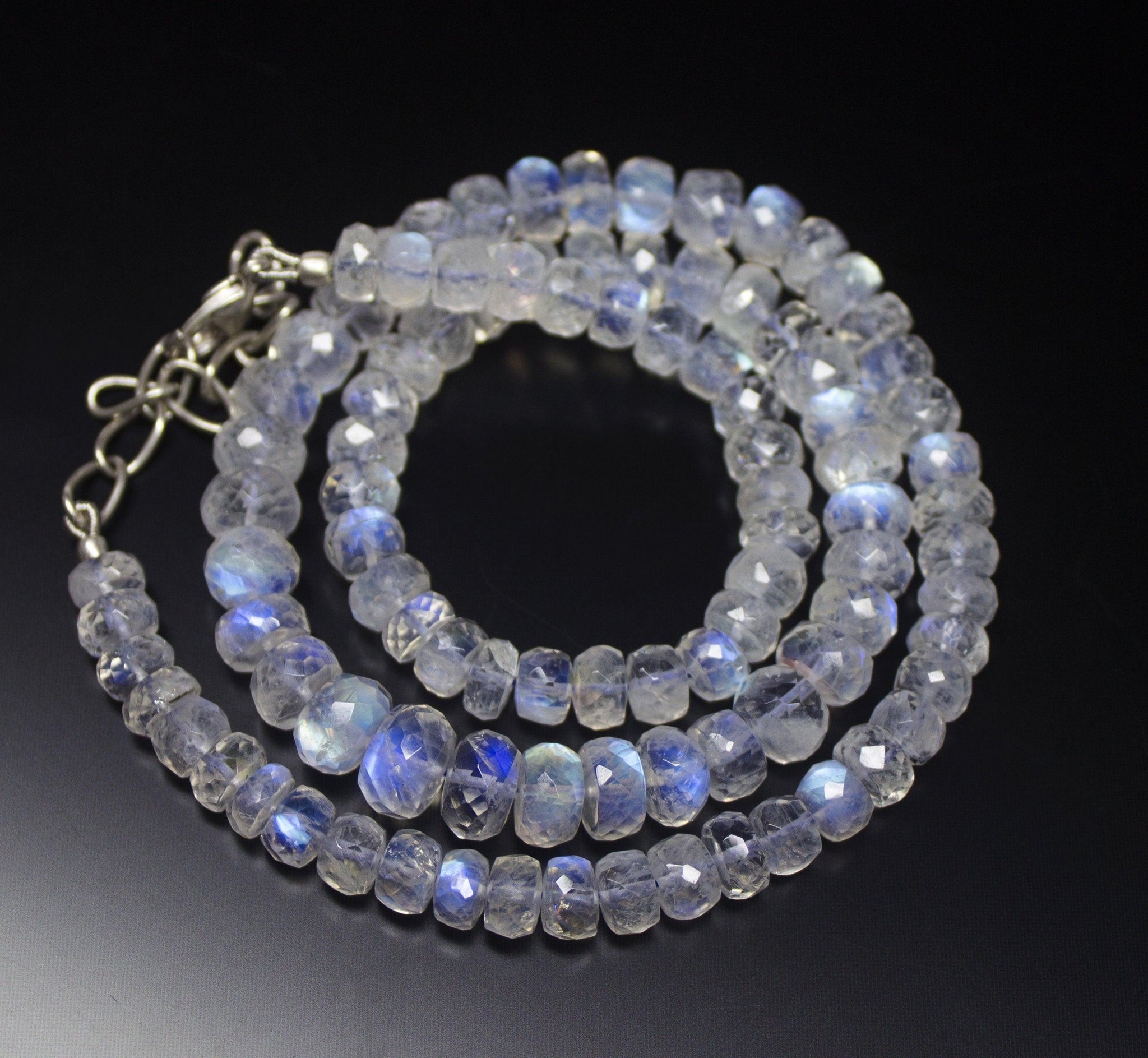 20 Inches, 6-9mm, AAA Grade Blue Fire Moonstone Faceted Rondelle Sterling Silver Beaded Necklace