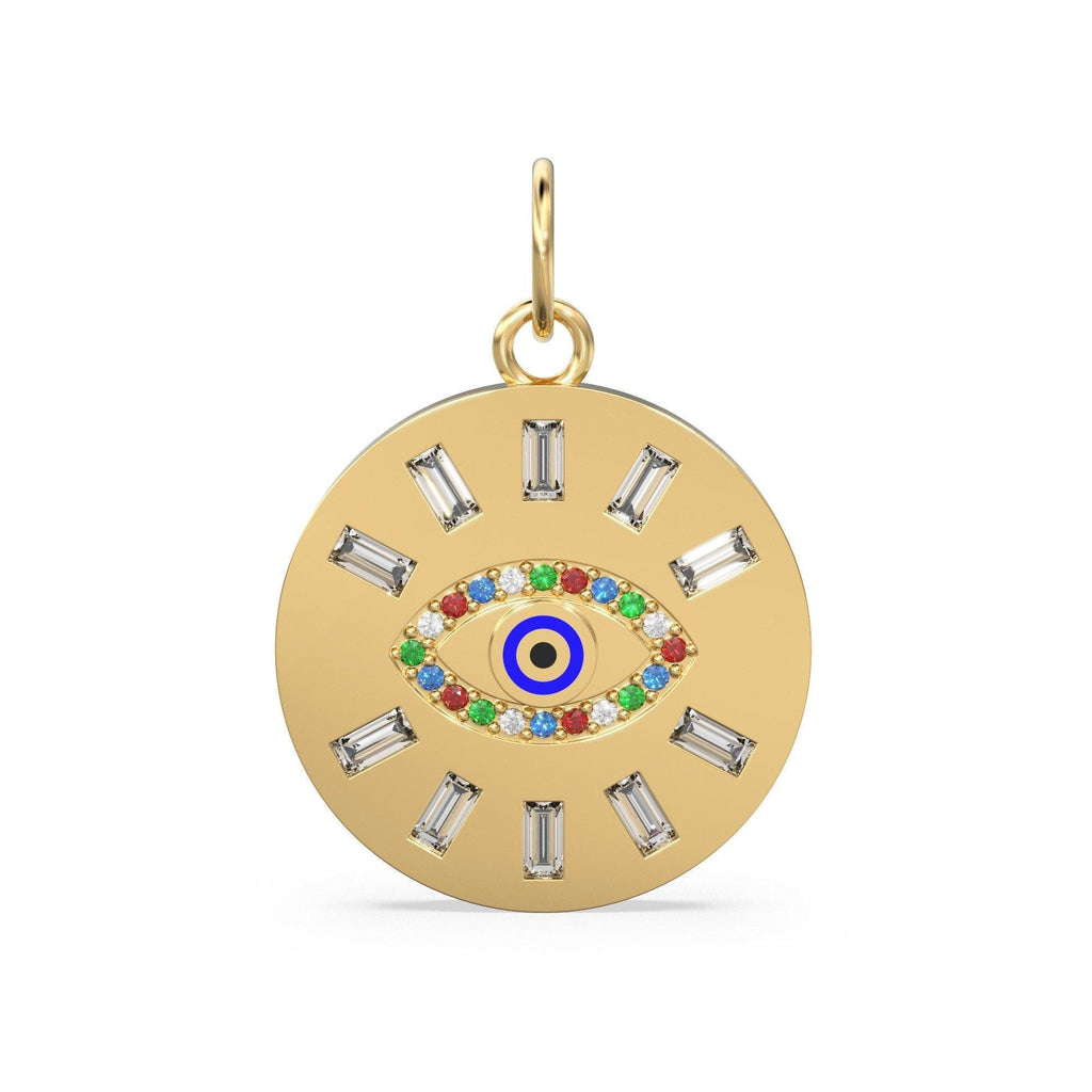 20mm Rainbow Evil Eye Enamel Baguette Diamond 18k Solid Gold Charm Pendant / Diamond Pendant, Emerald Charm Finding, Solid Gold Ruby Charm - Jalvi & Co.