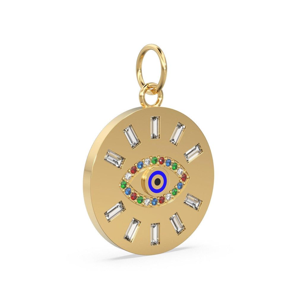 20mm Rainbow Evil Eye Enamel Baguette Diamond 18k Solid Gold Charm Pendant / Diamond Pendant, Emerald Charm Finding, Solid Gold Ruby Charm - Jalvi & Co.