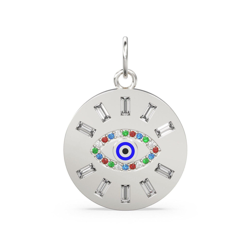 20mm Rainbow Evil Eye Enamel Baguette Diamond 18k Solid Gold Charm Pendant / Diamond Pendant, Emerald Charm Finding, Solid Gold Ruby Charm - Jalvi & Co.