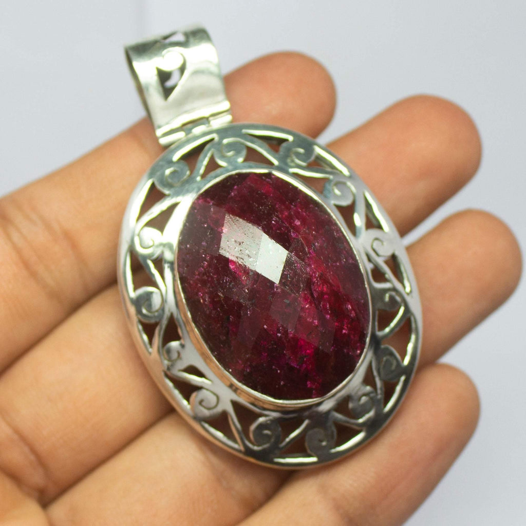 22.5g, Totally Handmade Natural Ruby Oval Shape 925 Sterling Silver Pendant - Jalvi & Co.