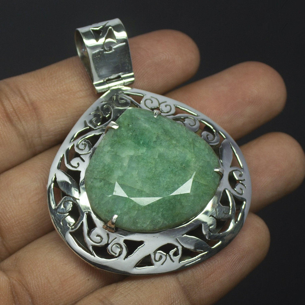 25.6g, Totally Handmade Natural Emerald Heart Shape 925 Sterling Silver Pendant - Jalvi & Co.