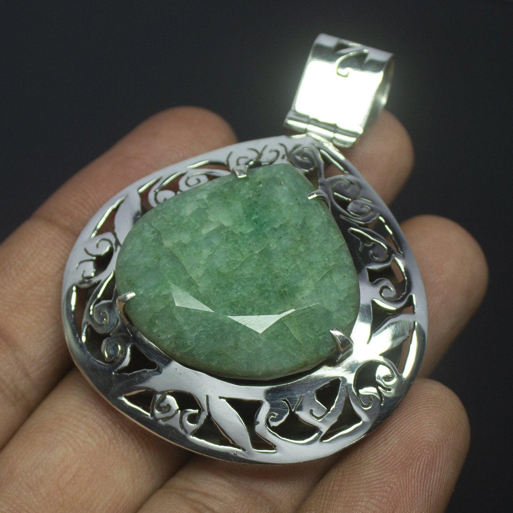 25.6g, Totally Handmade Natural Emerald Heart Shape 925 Sterling Silver Pendant - Jalvi & Co.