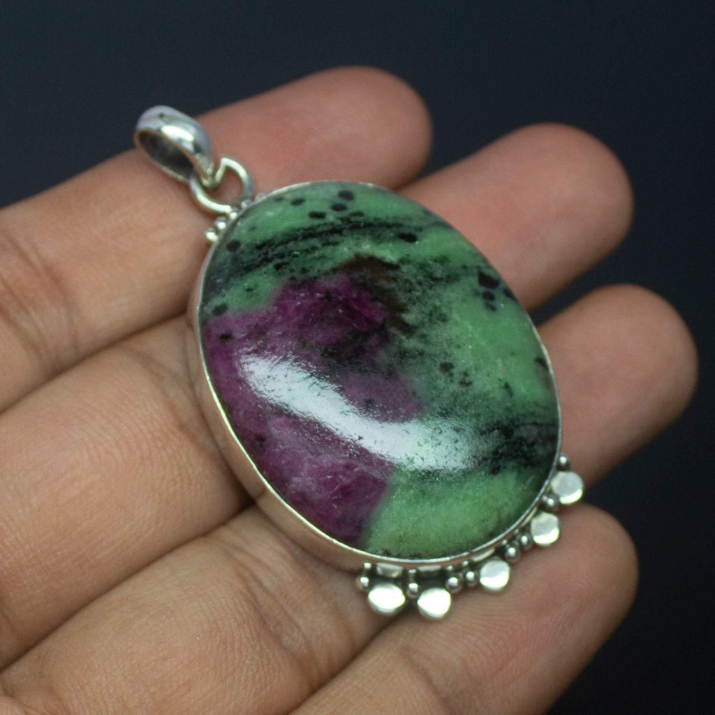 25.9g, Totally Handmade Natural Ruby Zoisite Oval Shape 925 Sterling Silver Pendant - Jalvi & Co.