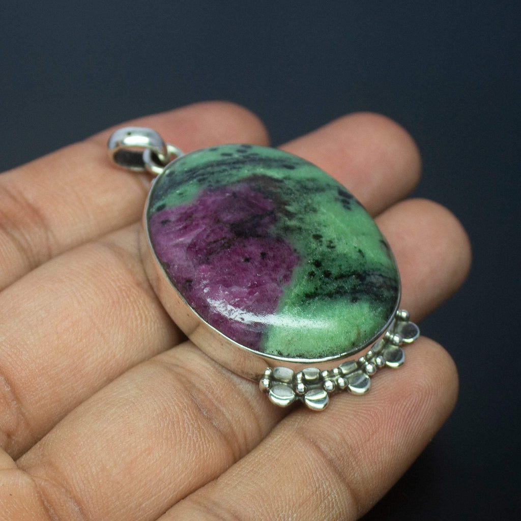 25.9g, Totally Handmade Natural Ruby Zoisite Oval Shape 925 Sterling Silver Pendant - Jalvi & Co.