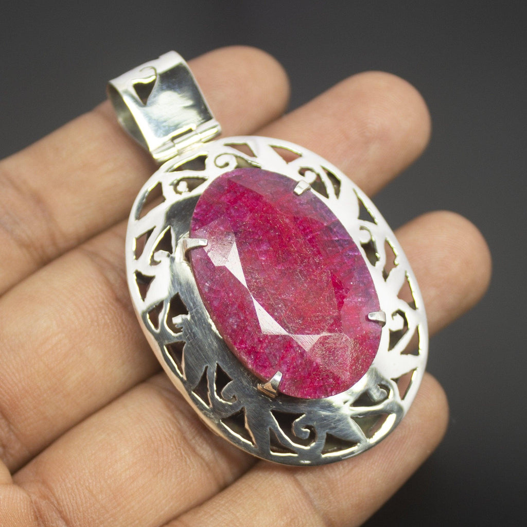 26.5g, Totally Handmade Natural Ruby Oval Shape 925 Sterling Silver Pendant - Jalvi & Co.