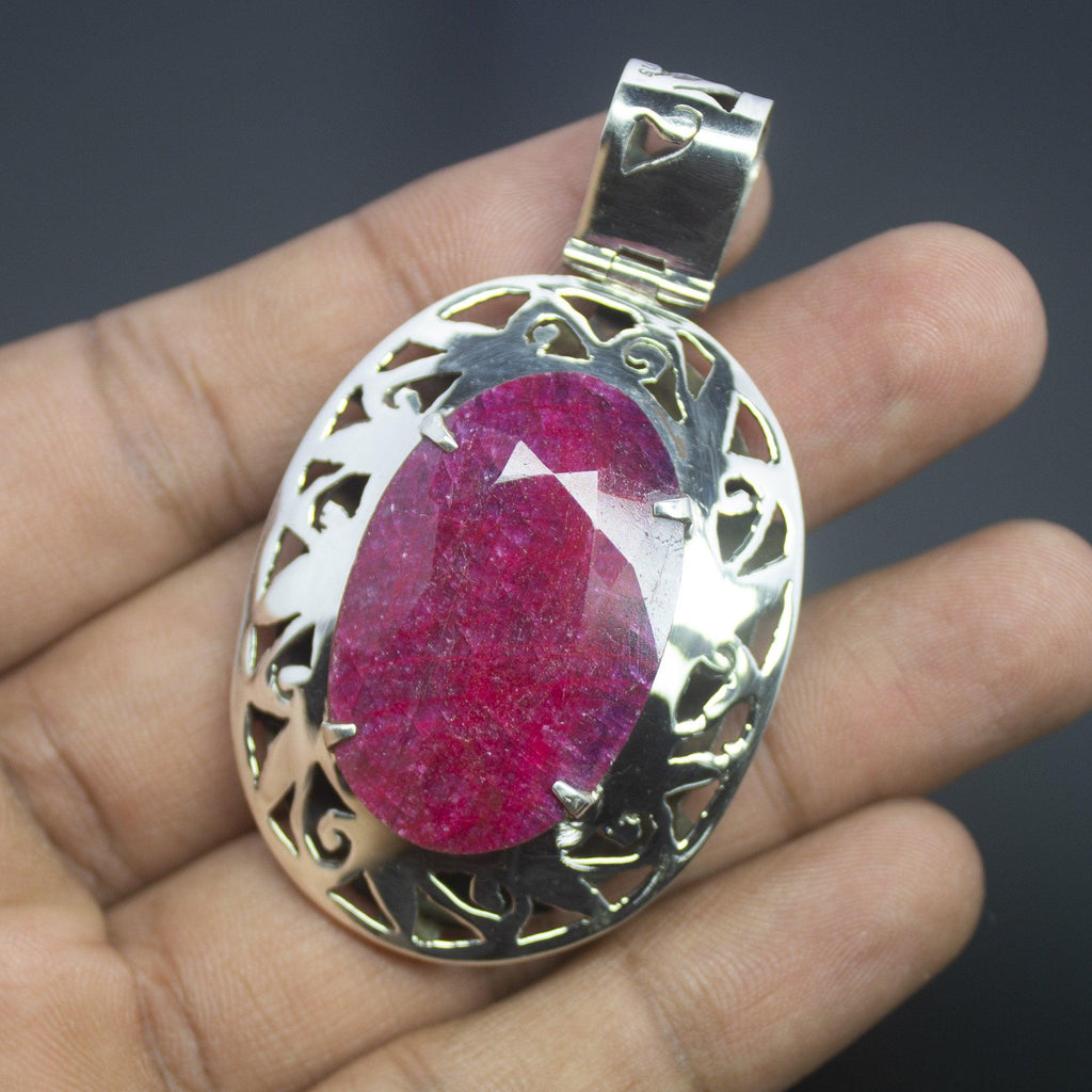 26.5g, Totally Handmade Natural Ruby Oval Shape 925 Sterling Silver Pendant - Jalvi & Co.