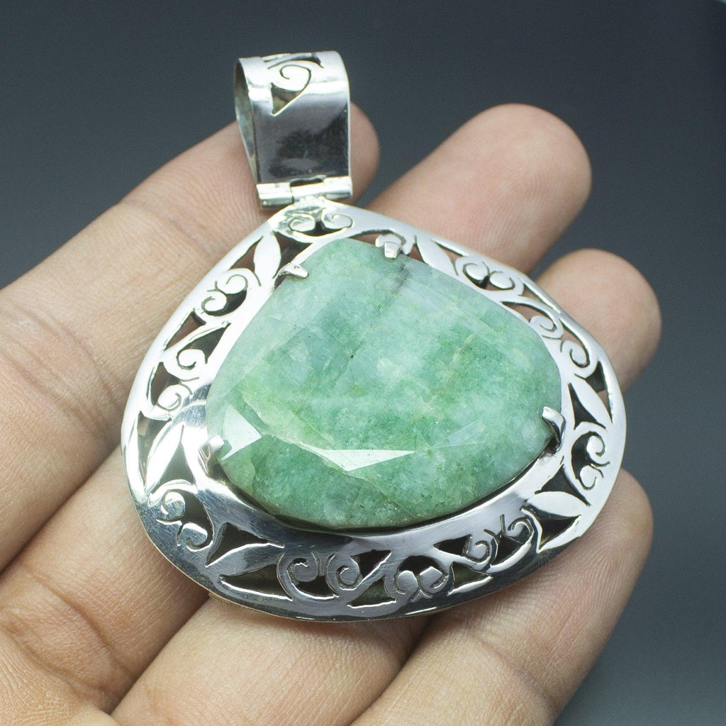 27.2g, Totally Handmade Natural Green Emerald Checker Heart Shape 925 Sterling Silver Pendant - Jalvi & Co.