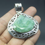 27.2g, Totally Handmade Natural Green Emerald Checker Heart Shape 925 Sterling Silver Pendant