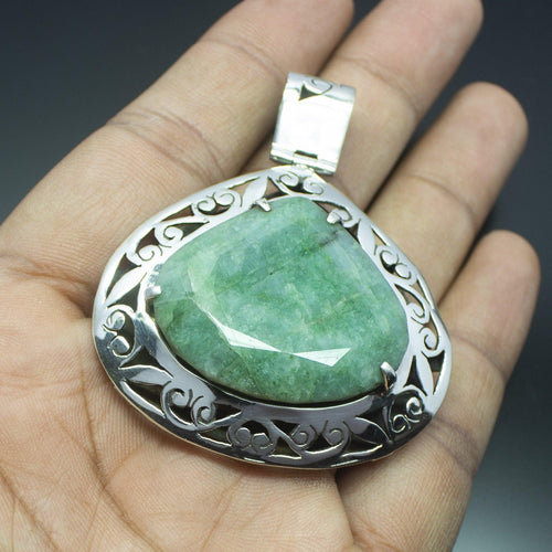 27.2g, Totally Handmade Natural Green Emerald Checker Heart Shape 925 Sterling Silver Pendant - Jalvi & Co.