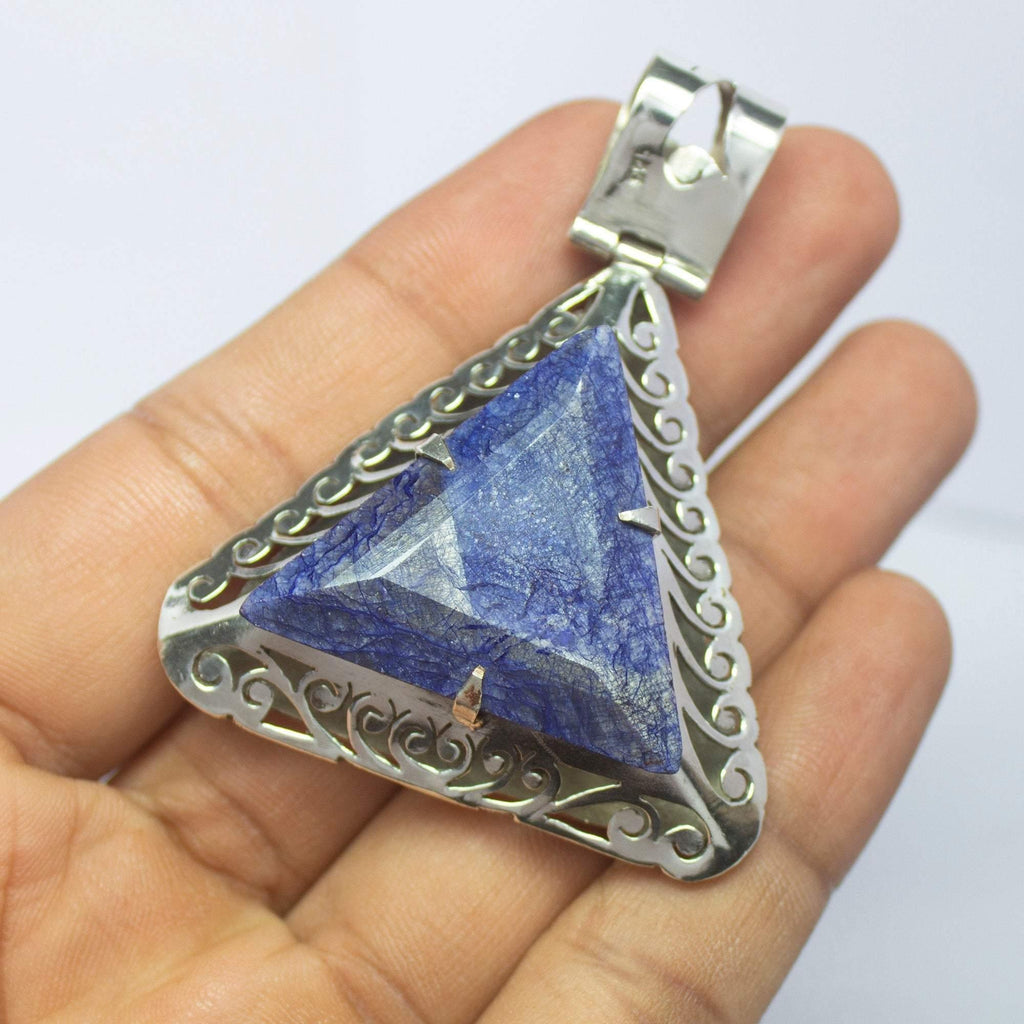 27.7g, Totally Handmade Natural Blue Sapphire Trillion Shape 925 Sterling Silver Pendant - Jalvi & Co.