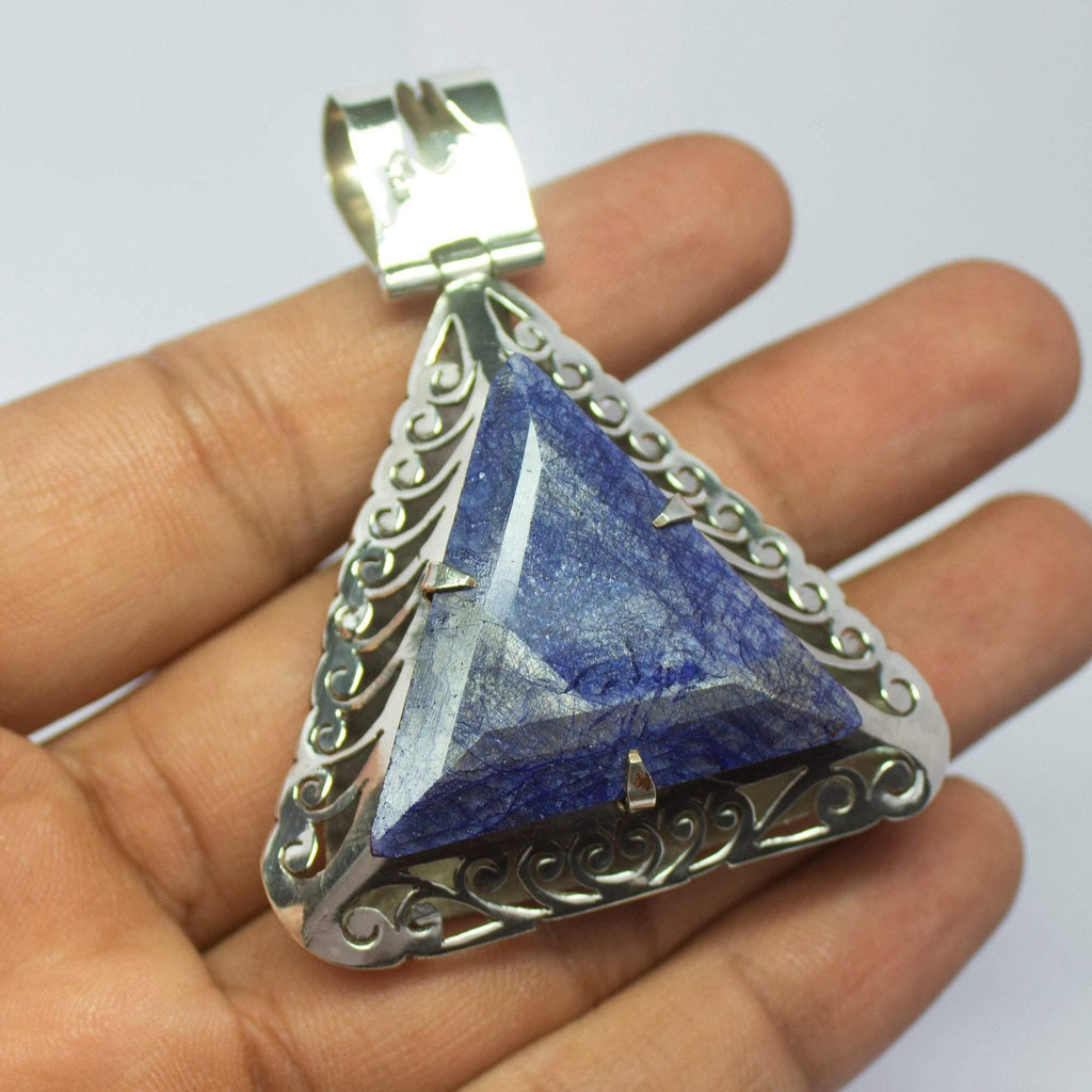 27.7g, Totally Handmade Natural Blue Sapphire Trillion Shape 925 Sterling Silver Pendant - Jalvi & Co.