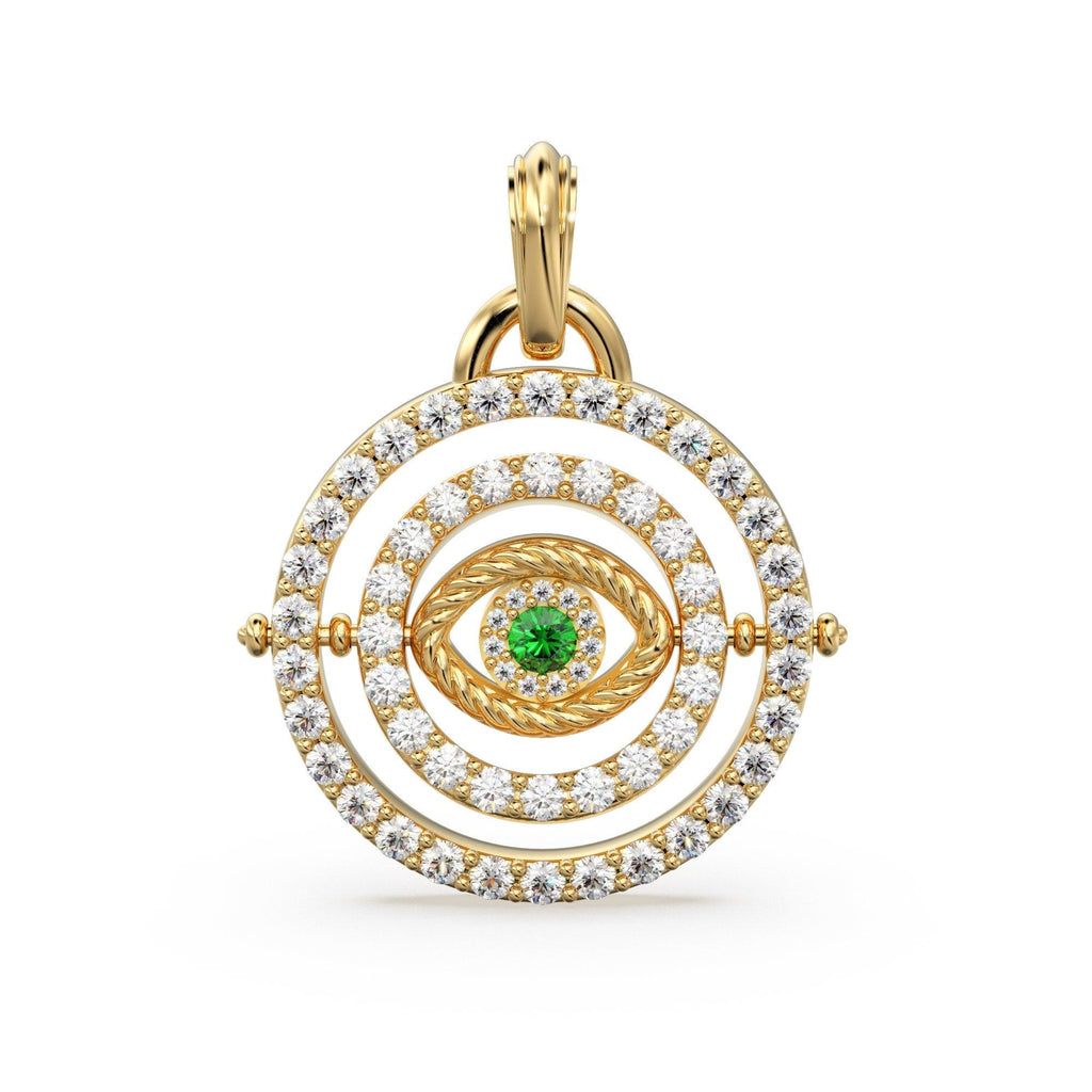 27mm Rotating Evil Eye Round Charm Pendant / Emerald Diamond 14k Solid Gold Pendant / Diamond Charm Protection Jewelry For Her - Jalvi & Co.