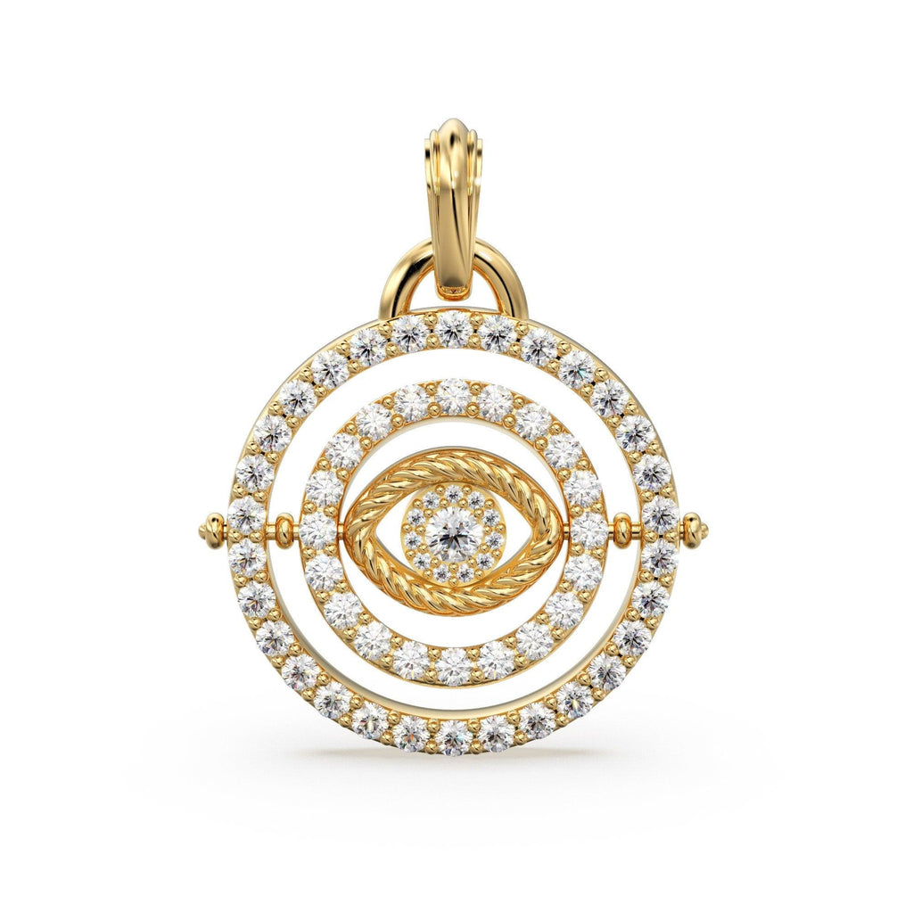 27mm Rotating Evil Eye Round Charm Pendant / Emerald Diamond 14k Solid Gold Pendant / Diamond Charm Protection Jewelry For Her - Jalvi & Co.