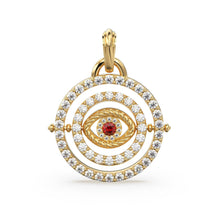 Load image into Gallery viewer, 27mm Rotating Evil Eye Round Charm Pendant / Emerald Diamond 14k Solid Gold Pendant / Diamond Charm Protection Jewelry For Her - Jalvi &amp; Co.