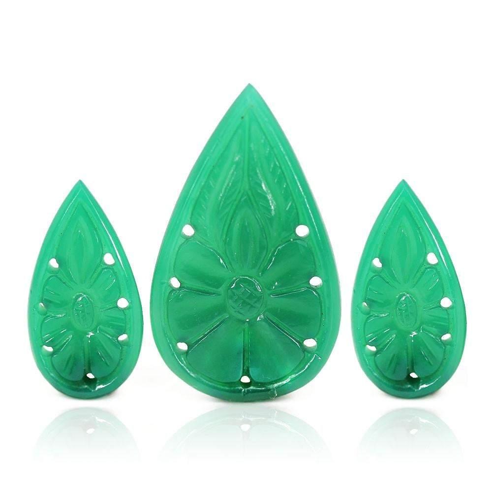 28cts Natural Green Onyx Pear Loose Gemstone Moghul Carving 3pc Set - Jalvi & Co.