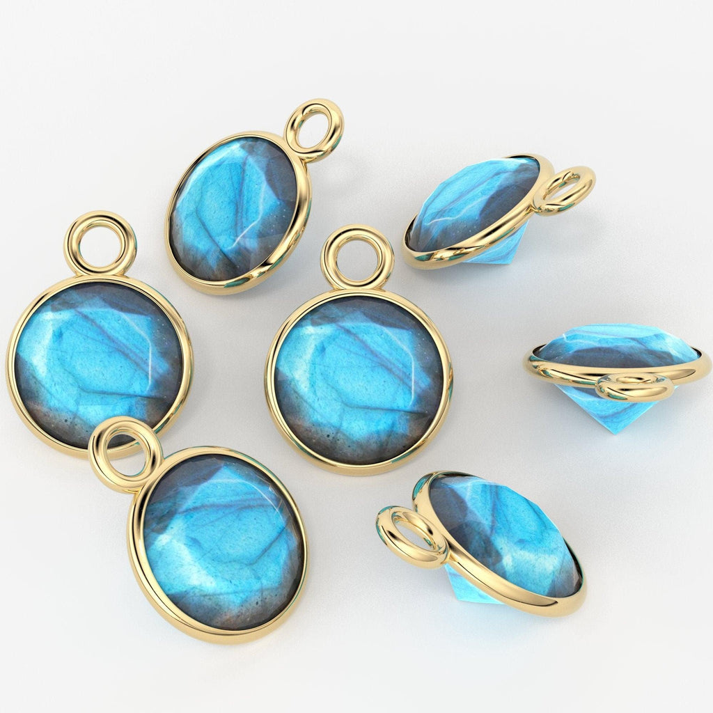 2pc 14k Solid Yellow Gold 4,5,6mm Natural Blue Labradorite Charm Pendant - Jalvi & Co.