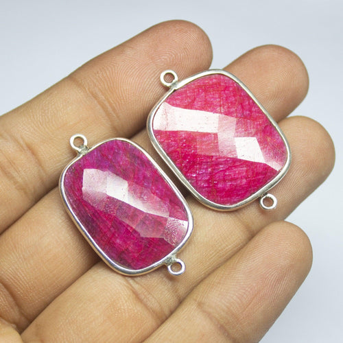 2pc, 35mm, Ruby Checker Cut Cushion Briolette 925 Sterling Silver Connector, Ruby Connector - Jalvi & Co.