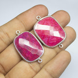 2pc, 35mm, Ruby Checker Cut Cushion Briolette 925 Sterling Silver Connector, Ruby Connector