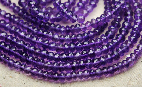 2X14 Inches, Super Rare Finest Quality Purple Natural African Amethyst Micro Faceted Rondelles, 4-4.5mm - Jalvi & Co.
