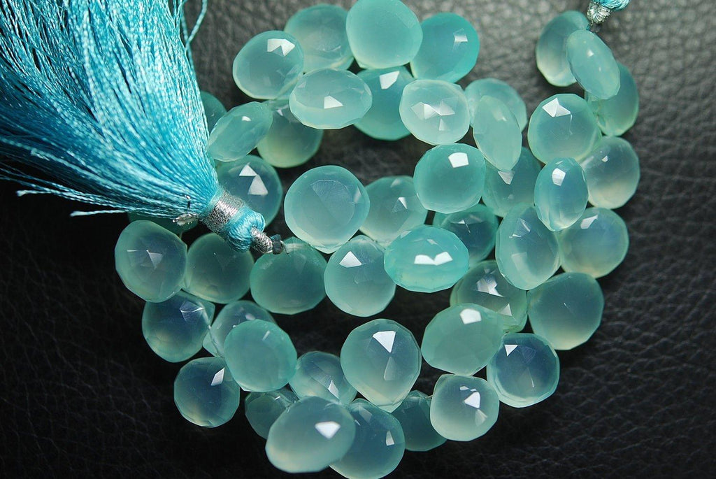 2X7 Inch Strand,Superb-Finest Quality Peru Aqua Chalcedony Faceted Heart Shape Briolettes, 10mm Size, - Jalvi & Co.