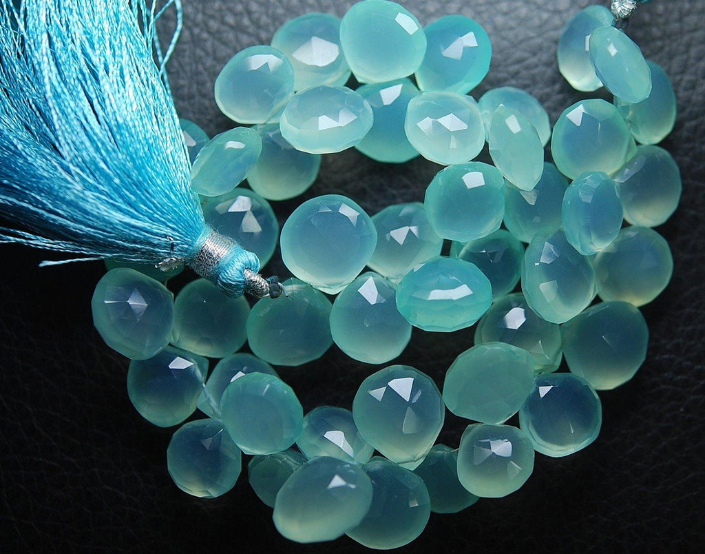 2X7 Inch Strand,Superb-Finest Quality Peru Aqua Chalcedony Faceted Heart Shape Briolettes, 10mm Size, - Jalvi & Co.