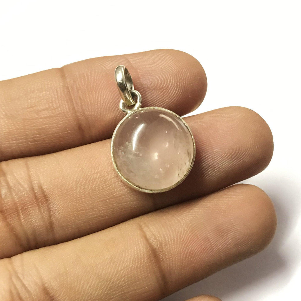 3.4g, Totally Handmade Natural Rose Quartz Round Shape 925 Sterling Silver Pendant - Jalvi & Co.