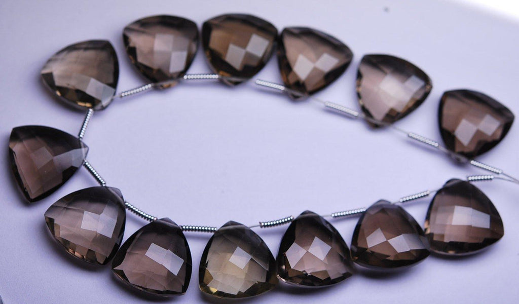 3 Matched Pair, AAA Natural Smoky Quartz Faceted Match Trillion Briolette's 16mm, Calibrated Size - Jalvi & Co.