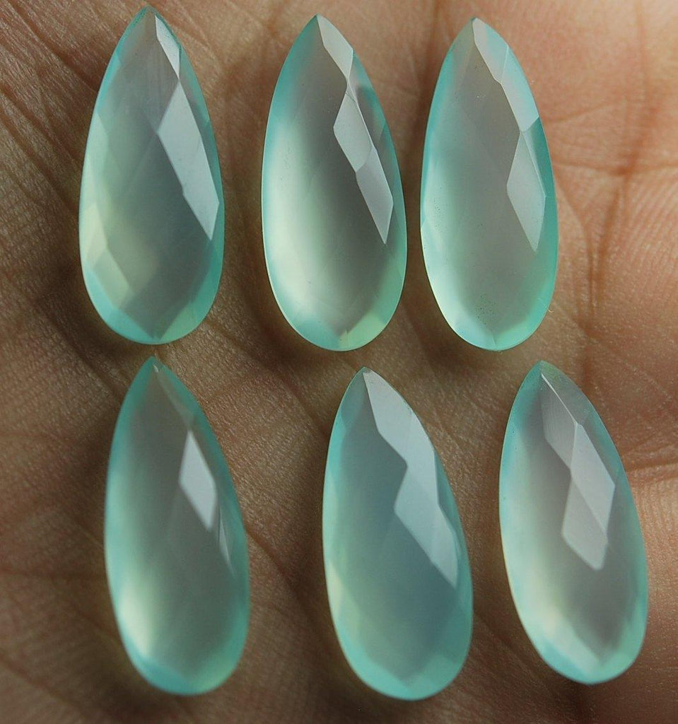 3 Matched Pair, Aaa Quality, Aqua Chalcedony Faceted Long Pear Shape Briolettes 8X20mm - Jalvi & Co.