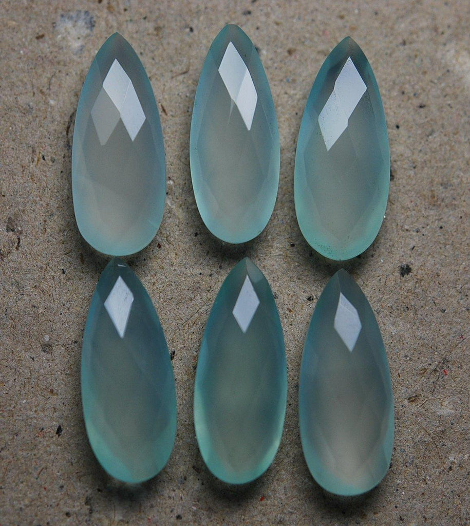 3 Matched Pair, Aaa Quality, Aqua Chalcedony Faceted Long Pear Shape Briolettes 8X20mm - Jalvi & Co.