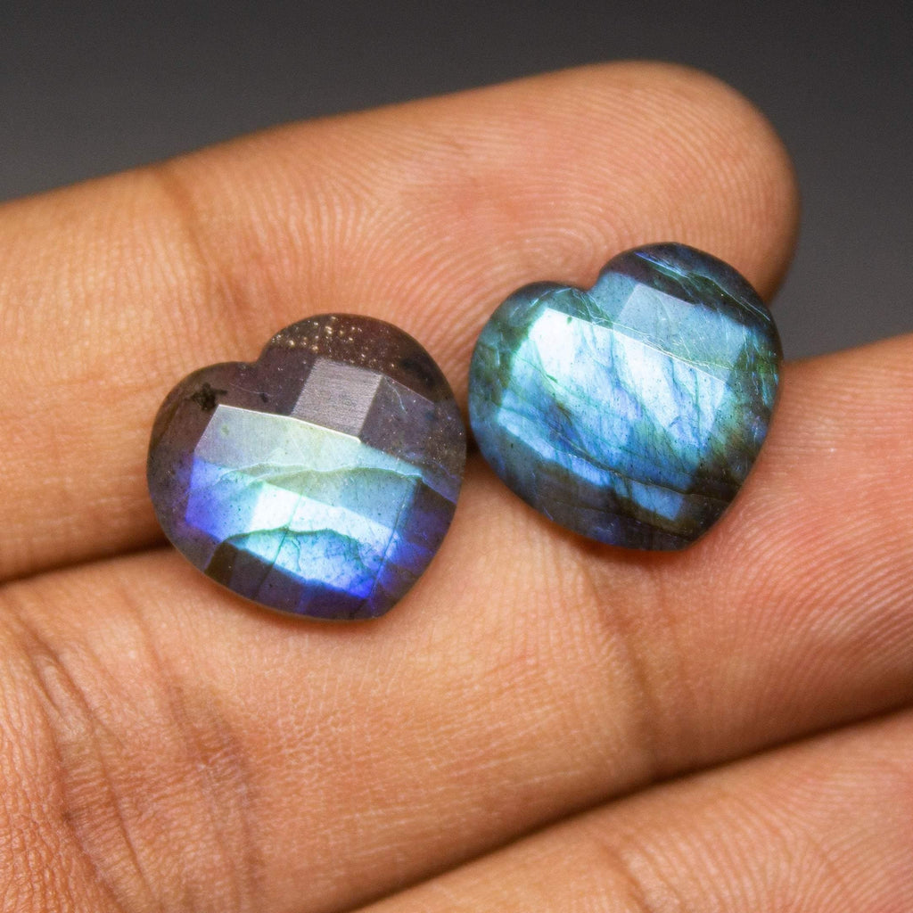 3 Matched Pair, Finest Quality, Natural Labradorite Faceted Heart Shaped Briolette, 14mm Size. - Jalvi & Co.