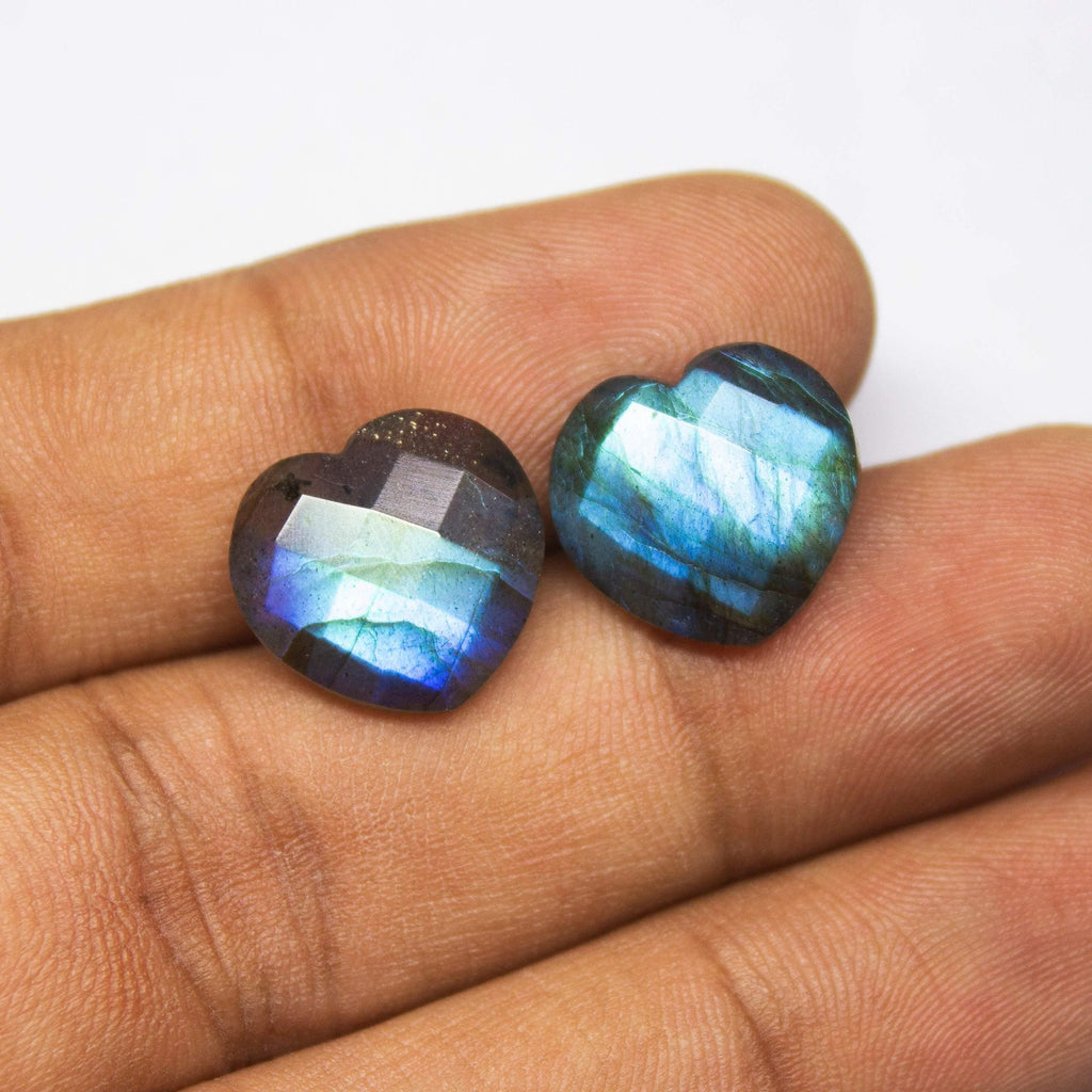 3 Matched Pair, Finest Quality, Natural Labradorite Faceted Heart Shaped Briolette, 14mm Size. - Jalvi & Co.