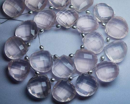 3 Matched Pair Natural Rose Quartz Faceted Heart Shape Briolettes 16mm Size. - Jalvi & Co.