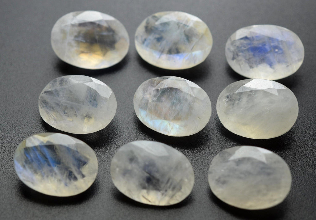 3 Matched Pair Rainbow Moonstone Faceted Oval Shaped Loose Stones, 10X14mm, Finest Quality - Jalvi & Co.