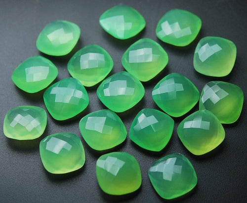 3 Matched Pair Undrilled Prehnite Chalcedony Faceted Cushion Shape, 15mm - Jalvi & Co.