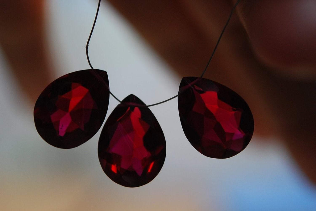 3 Pieces Set Ruby Red Quartz Faceted Pear Briolette's 13X18mm Large Size Calibrated Size - Jalvi & Co.