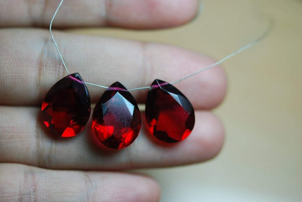 3 Pieces Set Ruby Red Quartz Faceted Pear Briolette's 13X18mm Large Size Calibrated Size - Jalvi & Co.