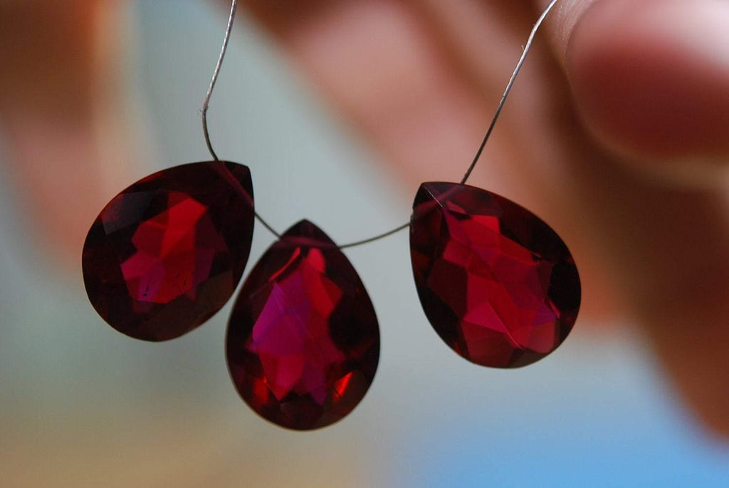 3 Pieces Set Ruby Red Quartz Faceted Pear Briolette's 13X18mm Large Size Calibrated Size - Jalvi & Co.