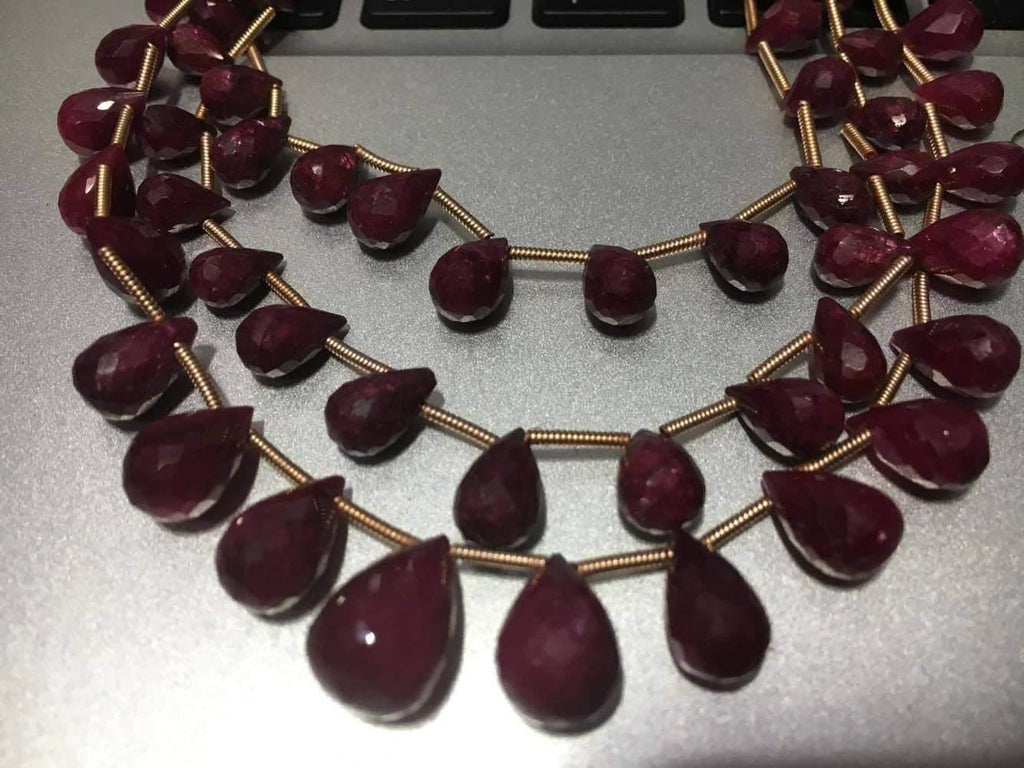 3 strand Natural Dyed Red Ruby Faceted Teardrop Beads Briolette Necklace 7mm 13mm 8" - Jalvi & Co.