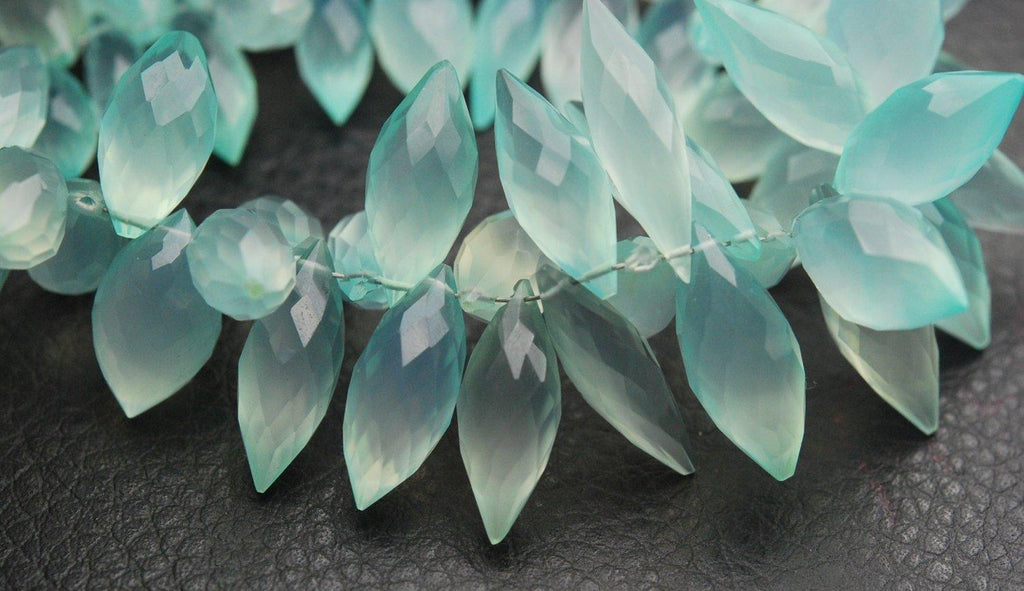 30 Pcs Of ,Super Finest, Super Rare Shape, Aqua Chalcedony Faceted Dew Drops Briolettes 11-13mm Large Size - Jalvi & Co.