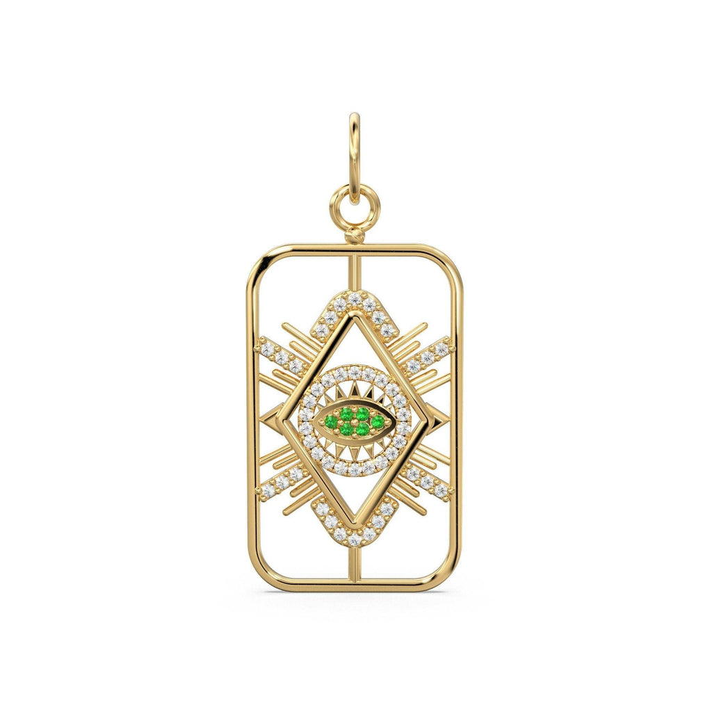 31mm Evil Eye Emerald Rectangle Pendant / Emerald 14k Solid Gold Charm Pendant / Emerald Charm / Protection Jewelry For Her - Jalvi & Co.