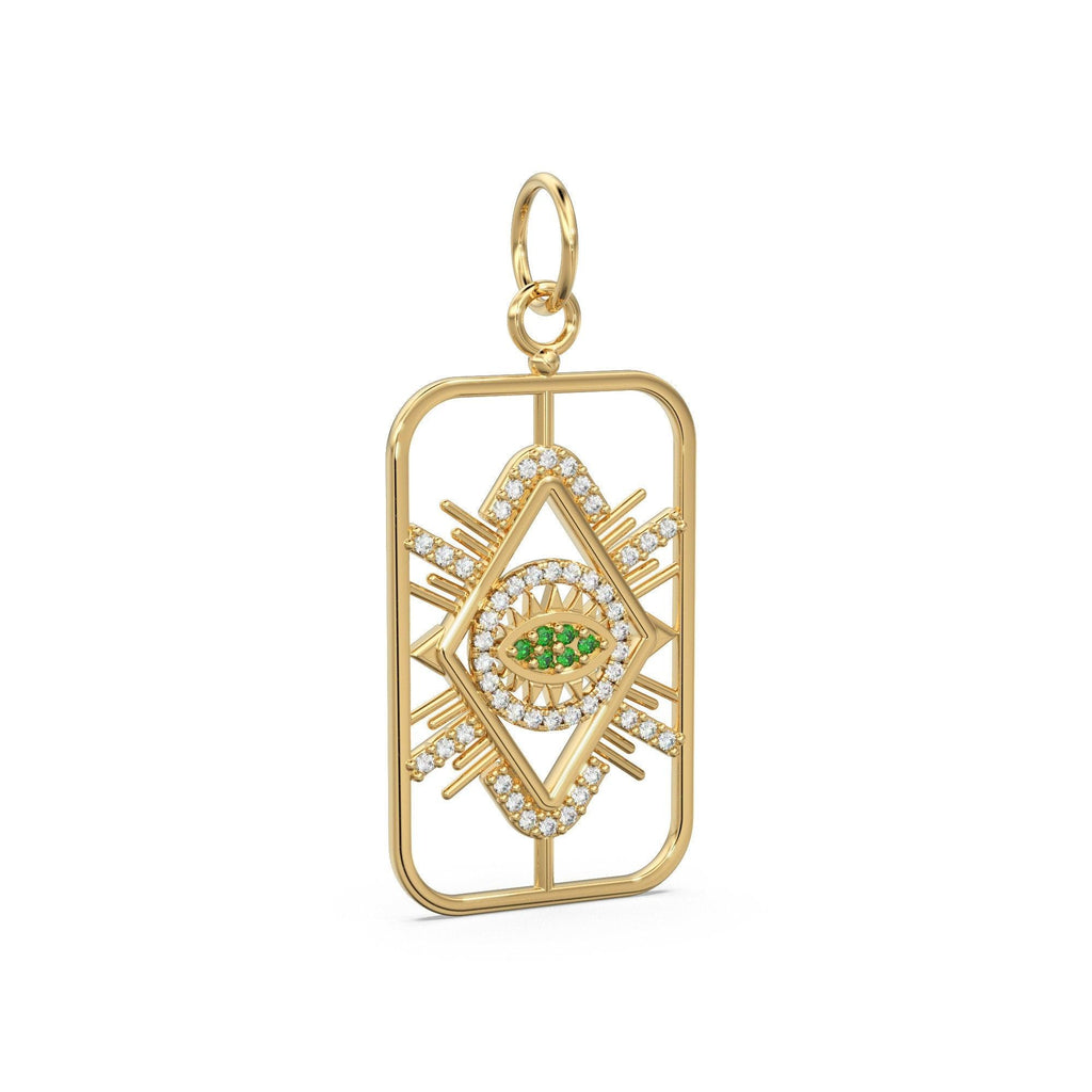 31mm Evil Eye Emerald Rectangle Pendant / Emerald 14k Solid Gold Charm Pendant / Emerald Charm / Protection Jewelry For Her - Jalvi & Co.